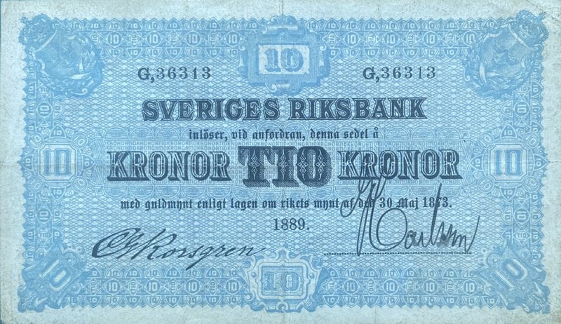10-kronorsedel från år 1889. Foto: Tradera